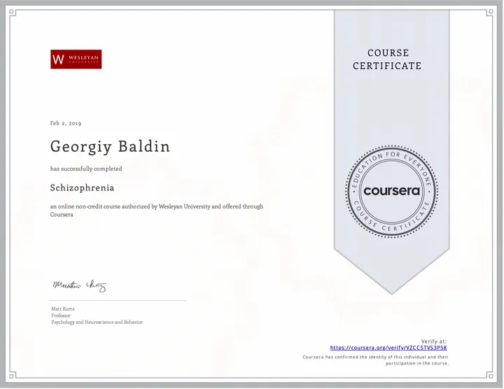 Шизофренія — Wesleyan University, Coursera, 2019