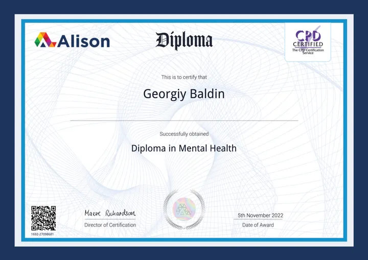 Диплом з психічного здоров’я (Diploma in Mental Health) — Alison, 2022