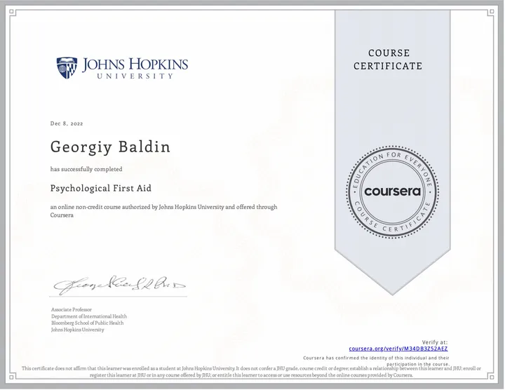 Психологічна перша допомога — Johns Hopkins University, Coursera, 2022
